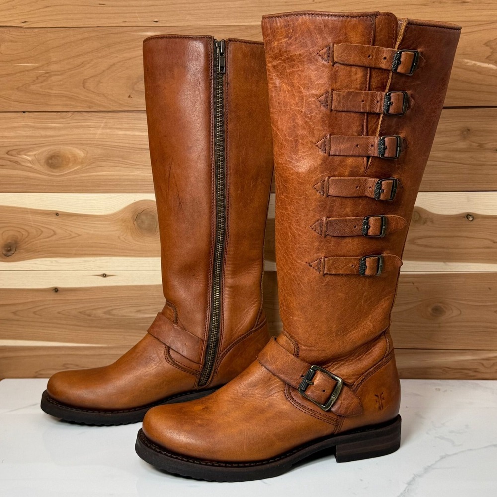 Frye Valerie‎ 6 Strap Tall Boots Brown Leather Zip Brown Women's size 5.5 B